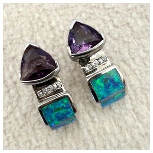 Sterling Blue Fire Opal and Amethyst Earrings